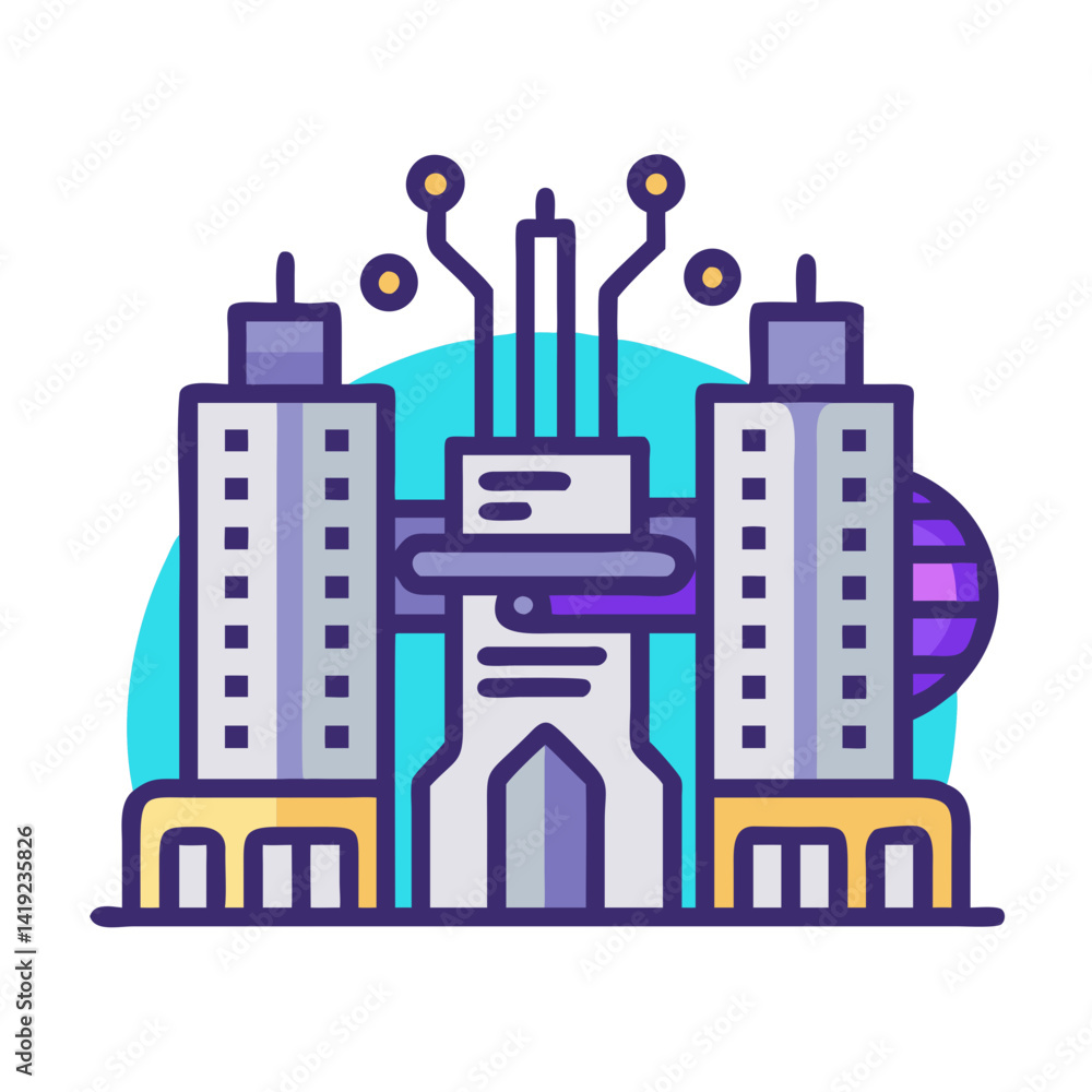 Poster futuristic building icon representing cyberpunk architecture and urban design