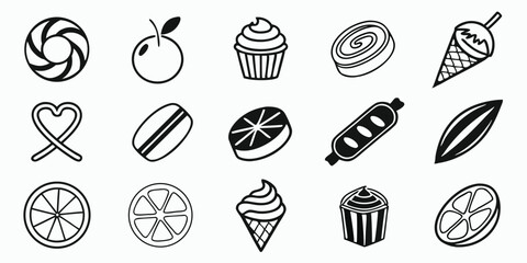 Vector of Black and White Food Icons Set with Desserts, Fruits, and Snacks