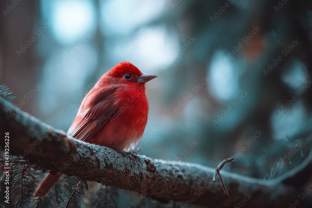 Poster red bird perched on branch in forest with soft bokeh background
