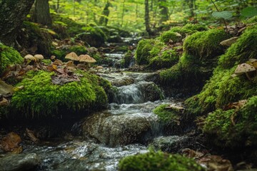 Fototapeta premium A small creek flows through a lush forest, with mossy rocks and mushrooms along its banks