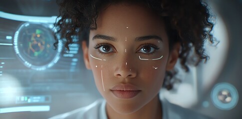 Closeup of a woman's face with futuristic interface overlay scanning her features  Great for tech, science fiction, and AI projects