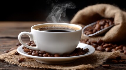 Fototapeta premium Steaming cup of coffee on rustic wooden table with coffee beans