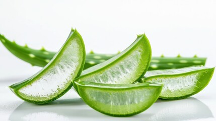 Fresh aloe vera slices displaying translucent pulp, on a white surface background