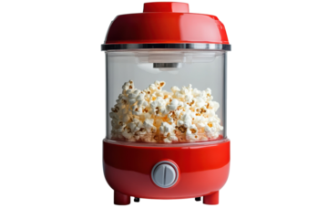 Red popcorn maker filled with fluffy popcorn ready for movie night against black background on transparent background