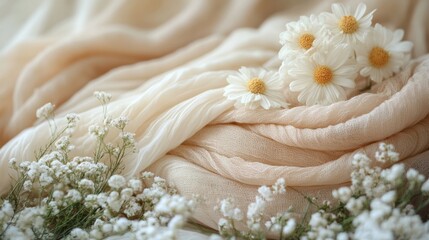 Organic fabric showcase in spring sale layout, soft textiles, neutral tones and green messaging