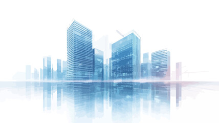 This image shows a stylized modern city skyline. The height of the skyscrapers and the varying shades of translucent blue suggest glass structures.