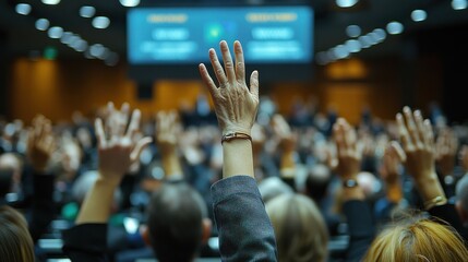 Reporters raising hands during ECB press conference in high-ceiling room