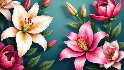 Fototapeta premium Intricate hand-drawn lilies & peonies, rich color seamless backdrop , photo, floral, peonies