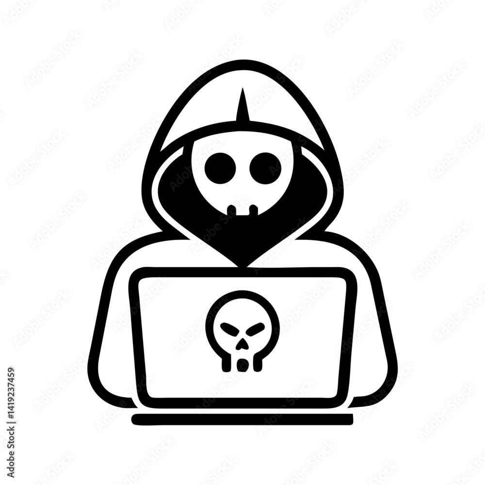 Poster hacker with skull hoodie icon representing cybersecurity and digital threats