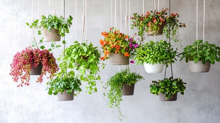 Fototapeta premium Hanging plants, indoor garden, grey wall, home decor, nature
