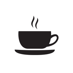 Silhouette of a hot beverage cup on a saucer with rising steam. Ideal for café signs, menu icons, mobile apps, or branding related to coffee, tea, or warm drinks. Minimal and clean design.