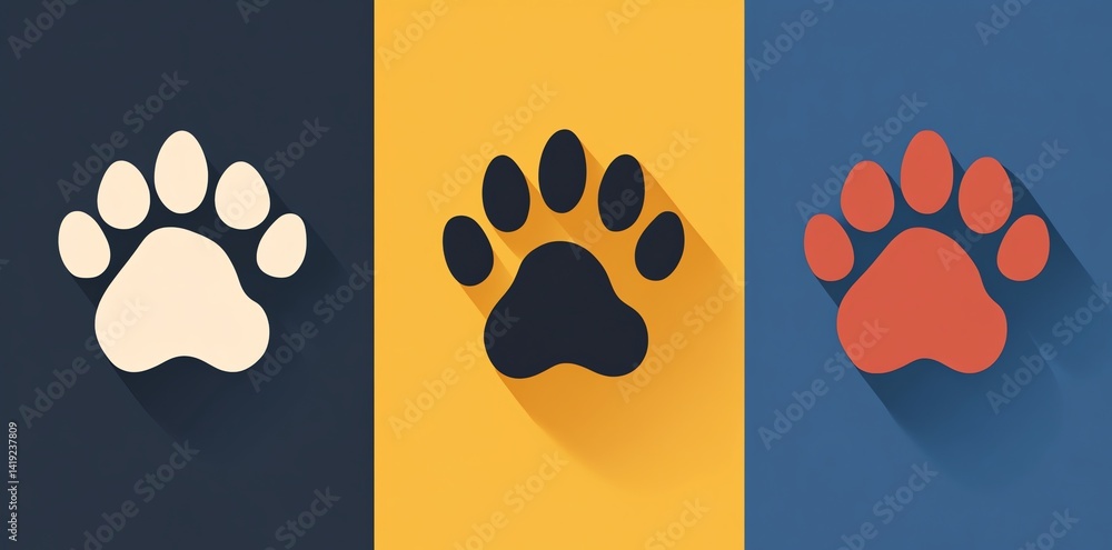 Poster three paw prints in different colors on a contrasting background create a simple yet striking design
