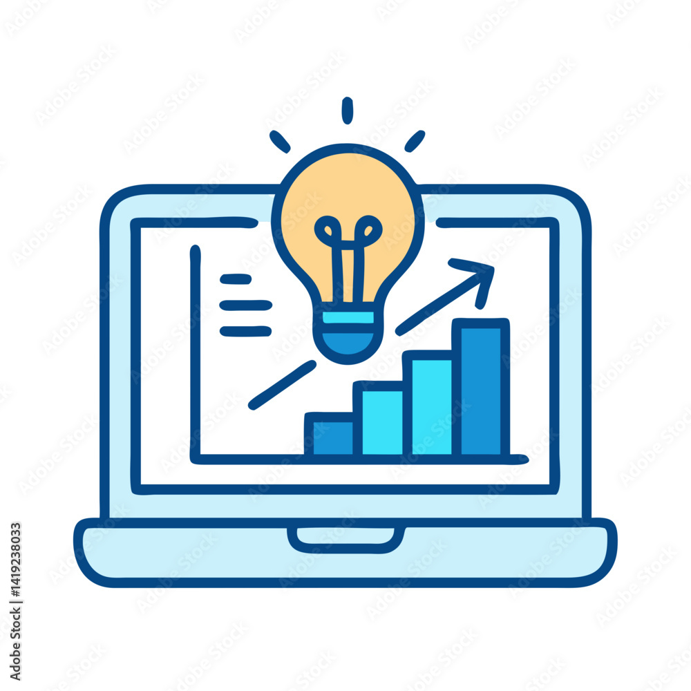 Poster Laptop with Bulb and Chart Icon Representing Innovation and Business Analytics