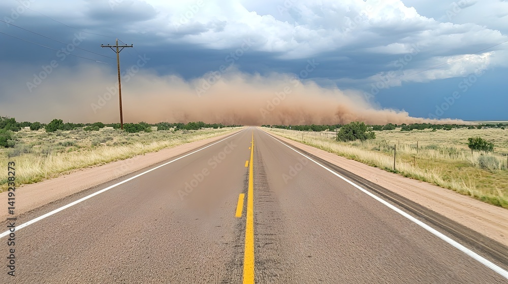 Poster dramatic dust storm sweeping through an empty and desolate desert road creating a moody and apocalyp