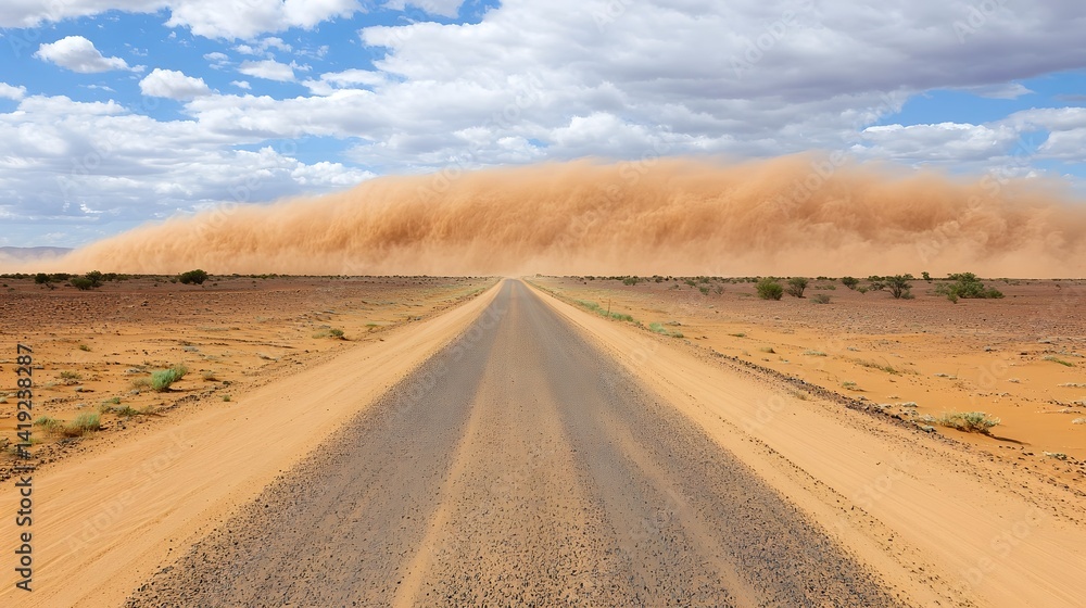 Poster dramatic dust storm sweeping through an empty desolate desert road landscape creating a powerful and