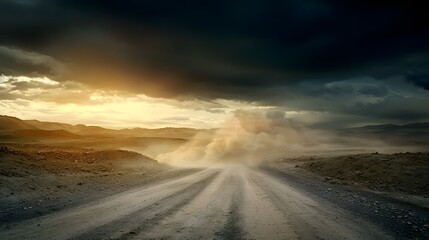 Fototapeta premium Dramatic landscape with a dust storm sweeping through an empty desolate road in an arid apocalyptic looking environment with a moody ominous atmosphere
