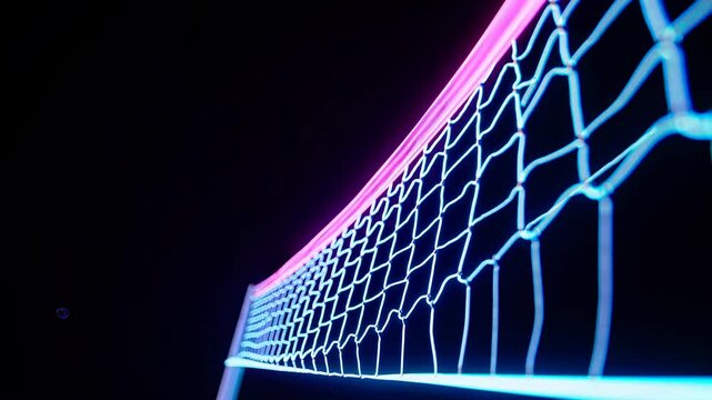 Neon volleyball net glowing brightly, dynamic abstract sports background on dark