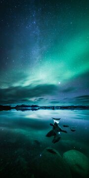 Vertical panoramic, Northern lights in Iceland