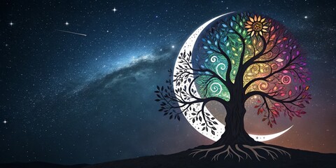 Crescent Moon Rainbow Tree of Life Digital Art, Night Sky, Mystical, Fantasy, Tree of Life, Rainbow, Moon Cosmic Tree