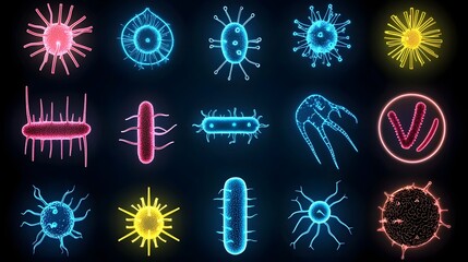 An abstract depiction of bacteria in vibrant neon colors against a dark background creating a captivating and futuristic scientific visualization