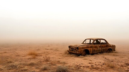 A layer of dust covers an abandoned old car creating a mysterious and eerie post apocalyptic feel  The rusted dilapidated vehicle stands alone in a desolate grungy urban environment