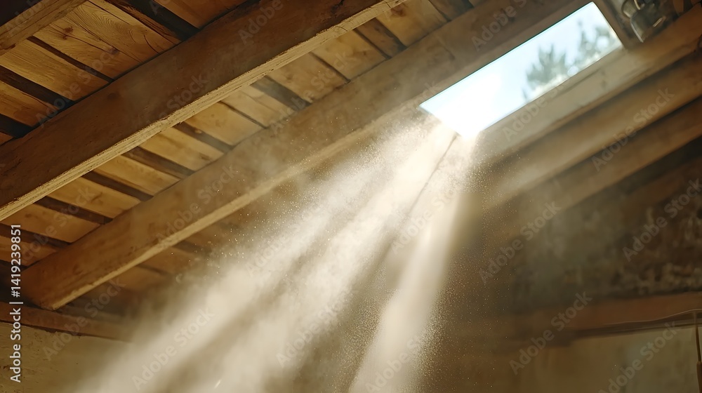 Poster ethereal dust particles visible in the soft warm light filtering through the weathered wooden beams 