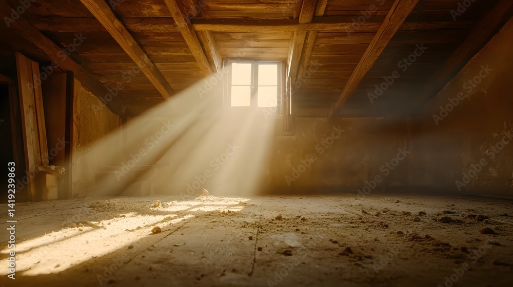 Poster ethereal dust particles visible in an old neglected attic with natural light filtering softly throug