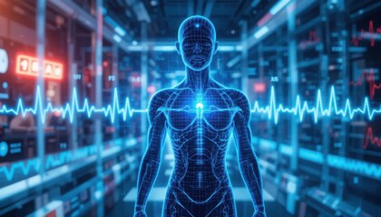 Wearable technology ECG concept. A futuristic digital representation of a human body with a visible heartbeat, set against a high-tech background.