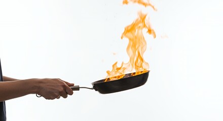 Hands Holding Flaming Frying Pan Isolated on White Background