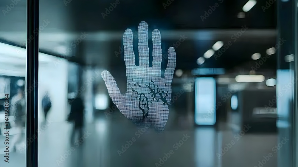 Poster closeup view of a handprint left on a glass surface showing the growth of bacteria under ultraviolet