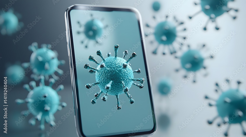 Poster microscopic image showcasing the rapid spread and of bacteria on the surface of a mobile phone scree
