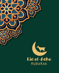 Elegant Eid al-Adha greeting card with layered mandala in gold, navy, and teal on green background. Features golden crescent and goat symbol with 
