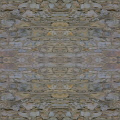 An old, gray wall made of stone and cement. Grey, stone background. Ancient ruins. Stone texture. Seamless image. Symmetrical.