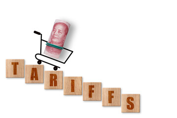 100 yuan on a white background with word TARIFFS. Trade, duty, customs and tariffs war