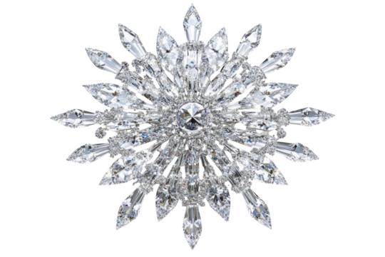 Sparkling diamond snowflake brooch dazzling brilliance against black background intricate on transparent background