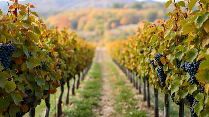 Naklejka premium A beautiful vineyard backdrop surrounded by grapevines enhances the charm of a wine tasting event in autumn
