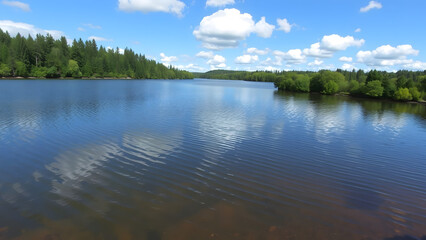 Obraz premium A beautiful backdrop of a tranquil lake surrounded by trees sets a peaceful atmosphere for a meditation retreat