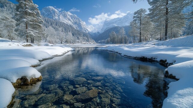 A serene mountain valley blanketed in snow features a crystal-clear river winding through. Tall trees and peaks rise majestically, reflecting a peaceful winter's day