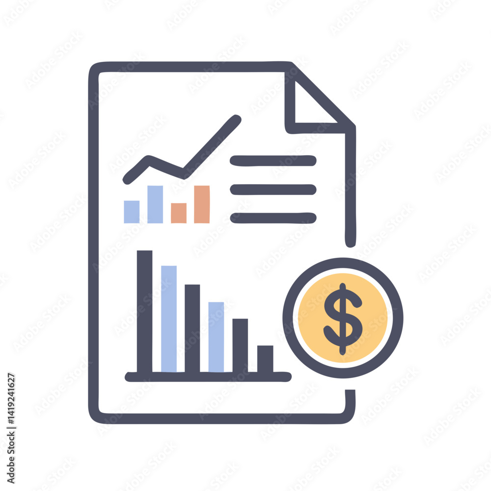 Poster report with graph and dollar icon representing financial analysis and revenue report