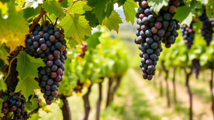 A picturesque vineyard backdrop adorned with ripe grapes enhances the charm of a wine festival