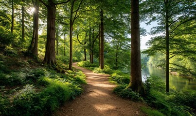 Obraz premium Sunlit path through a lush forest, leading to a serene river
