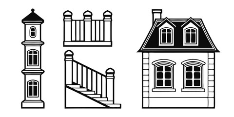 Architectural Elements Vector Tower Staircase and House Outline Design Set