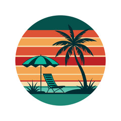 Retro Tropical Beach Sunset Vector Illustration