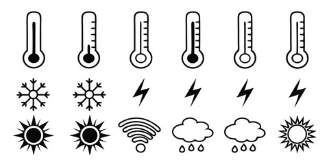 Obraz premium Temperature and Weather Icon Set Vector with Thermometers, Sun, Snow, and Storm Symbols