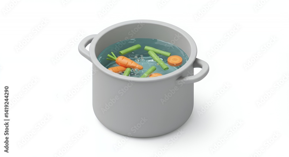 Poster isometric 3d render of gray pot with boiling carrots and celery on white background