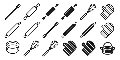 Kitchen Cooking Tools Vector Set with Rolling Pins, Whisks, Pots, and Oven Mitts