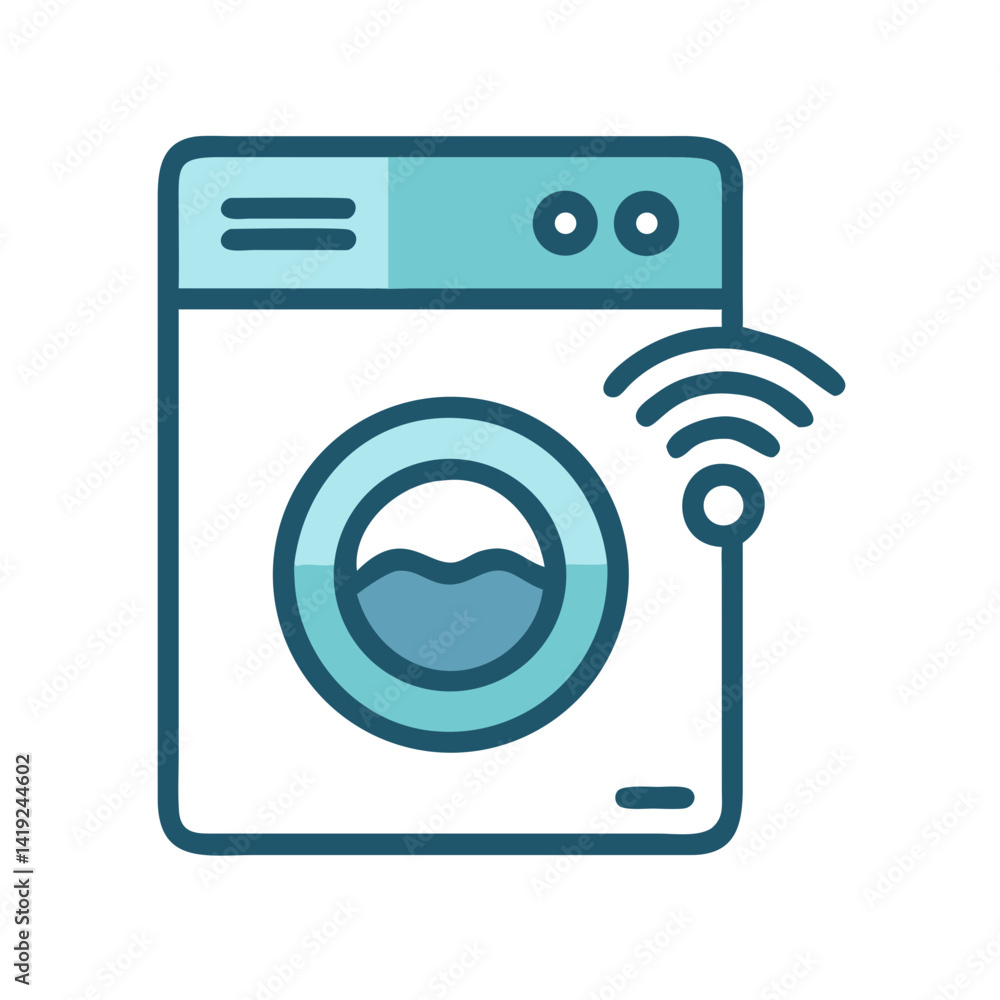 Poster washing machine icon representing smart home appliance for laundry automation