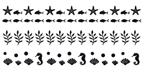 Naklejka premium Seamless Marine Life Vector Pattern with Starfish Shells Seaweed and Seahorse Design