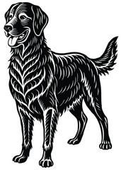 A detailed black-and-white illustration of a standing dog with long, wavy fur, an open mouth with a visible tongue, and intricate fur patterns.