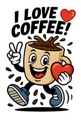  Coffee Love Character. A joyful cartoon coffee cup holding a heart and flashing a peace sign, full of energy and love for coffee. Perfect for stickers, mugs, t-shirts, or social media posts